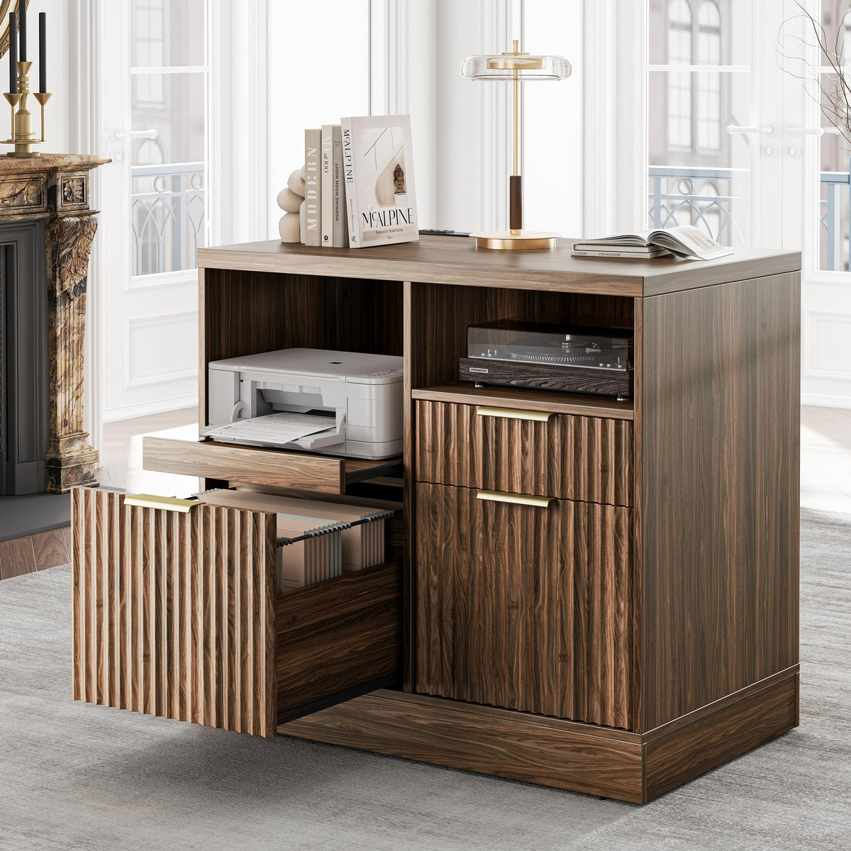 Black 3 Drawer Wood File Cabinet with Charging Station O9274