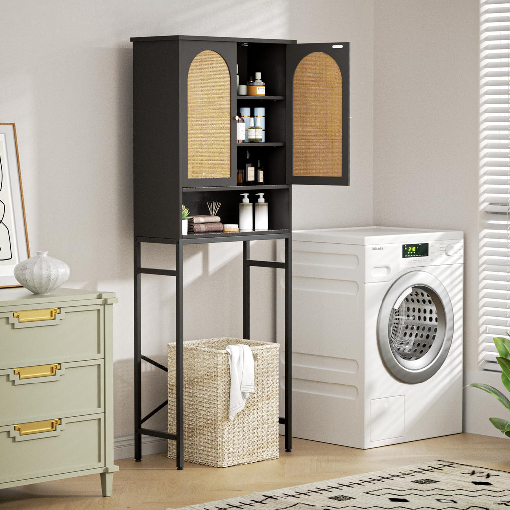 Rattan Wood Toilet Storage Cabinet with Metal Stand D4040
