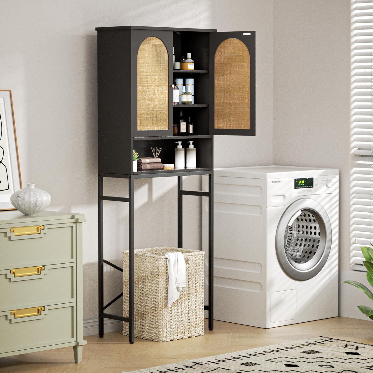 Rattan Wood Toilet Storage Cabinet with Metal Stand D4040