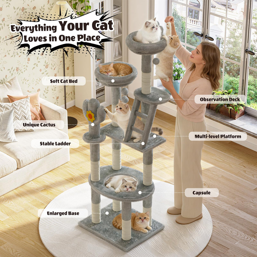 72in Gray Multi-Level Cat Tree with Transparent Capsule K2458