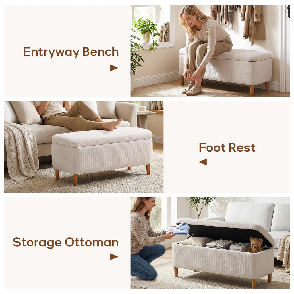 Beige Upholstered Storage Ottoman with Wooden Legs B69533