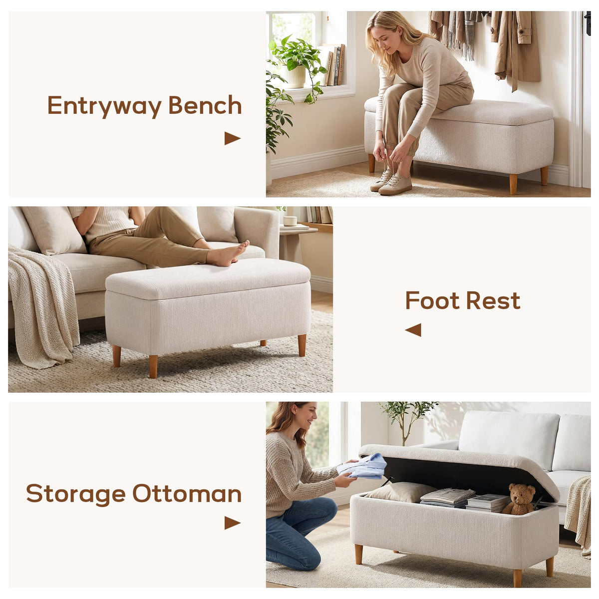 Beige Upholstered Storage Ottoman with Wooden Legs B69533