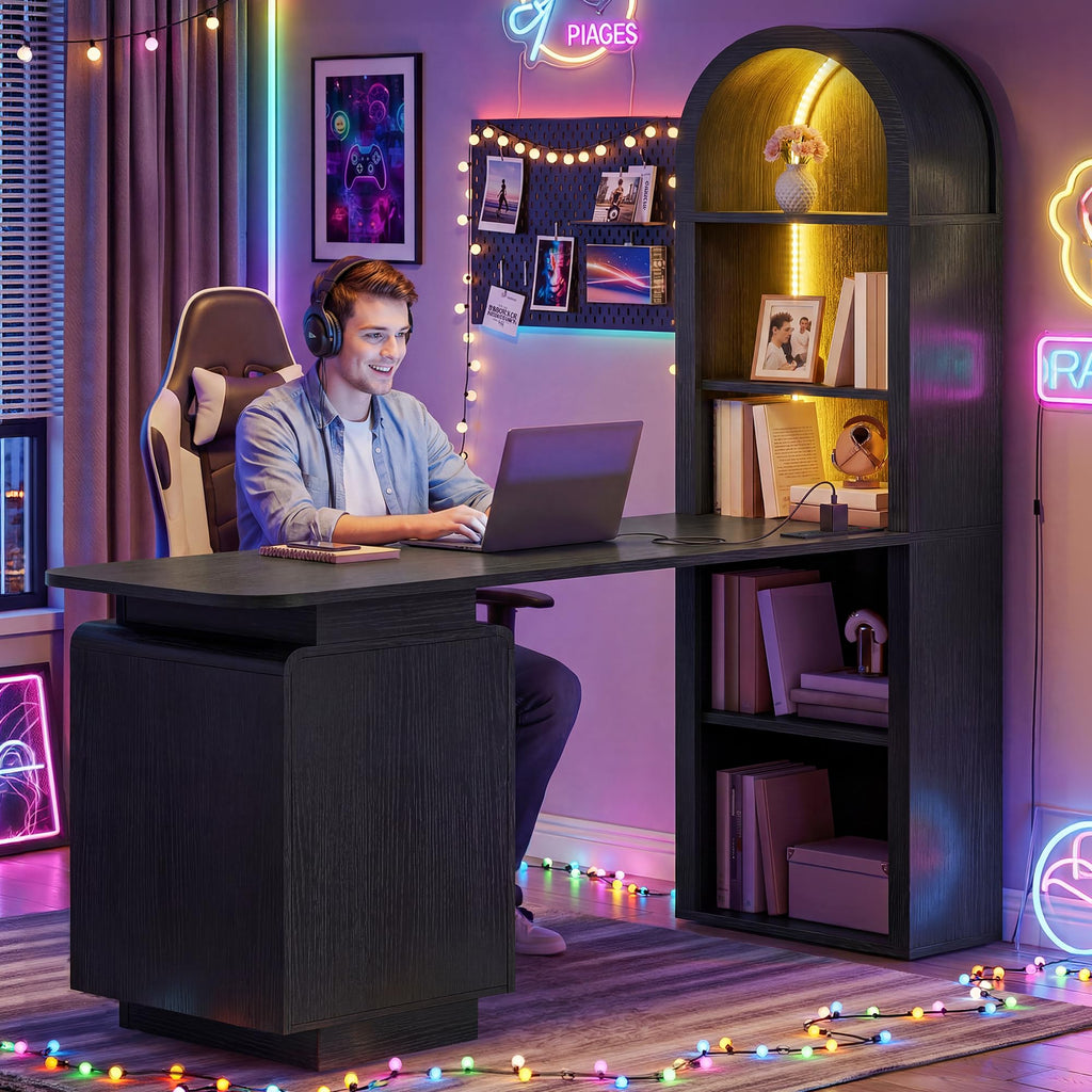 59" Computer Desk with LED Lights & Power Outlets, Black Q860070