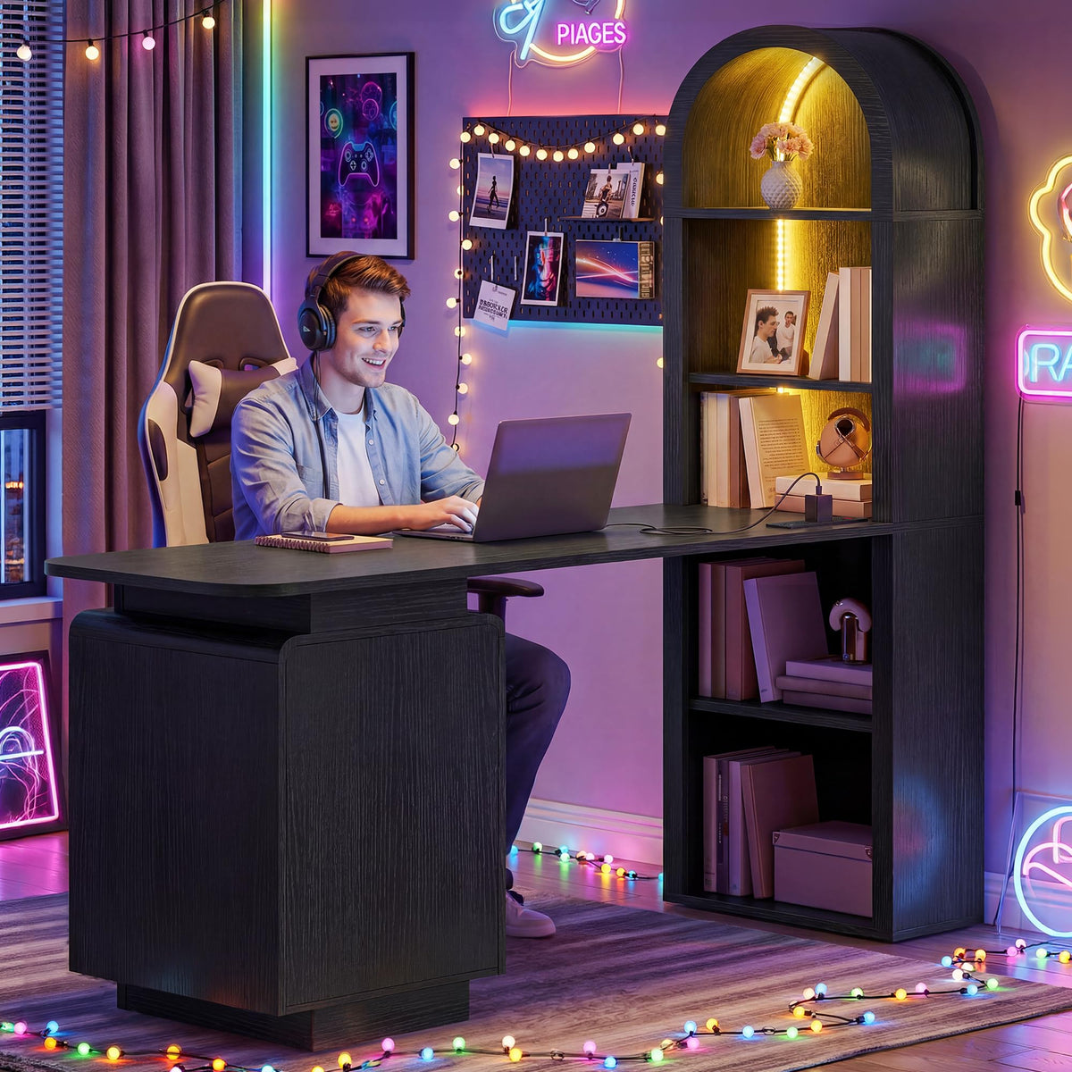 59" Computer Desk with LED Lights & Power Outlets, Black Q860070