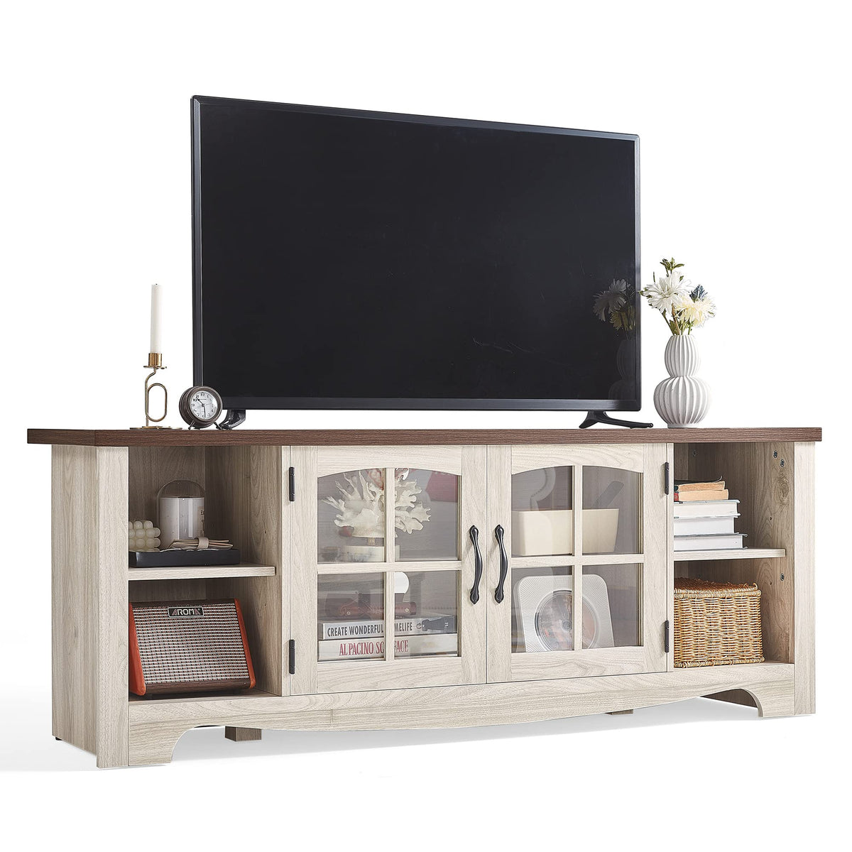 Farmhouse Wood TV Stand for 65 Inch TV with Glass Door Storage Cabinet Y5917
