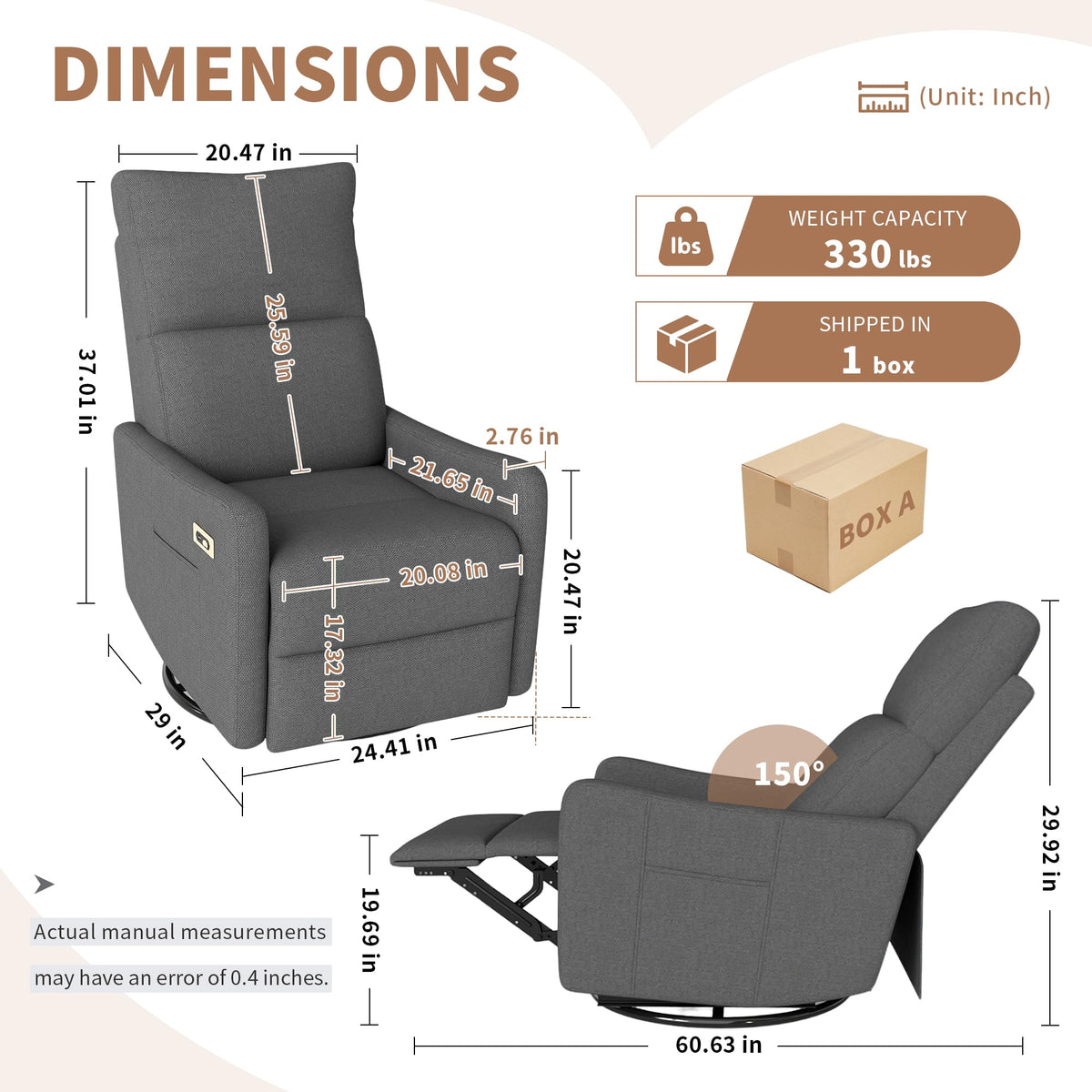 Dark Gray Velvet Swivel Recliner Chair K244