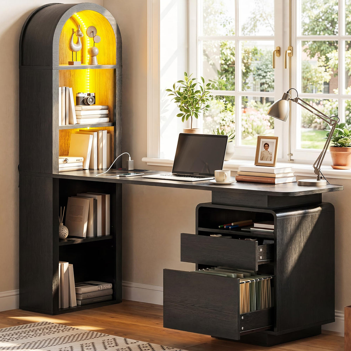59" Computer Desk with LED Lights & Power Outlets, Black Q860070