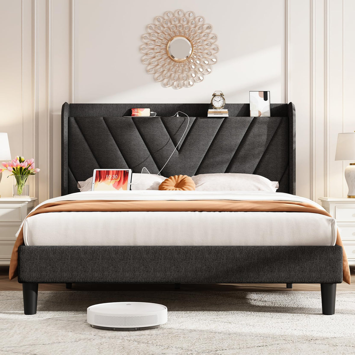 Queen Upholstered Platform Bed Frame with Storage Headboard V5115