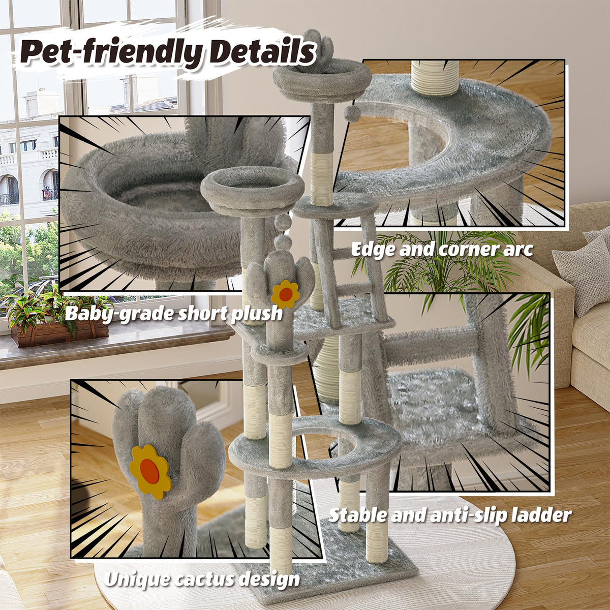 72in Gray Multi-Level Cat Tree with Transparent Capsule K2458