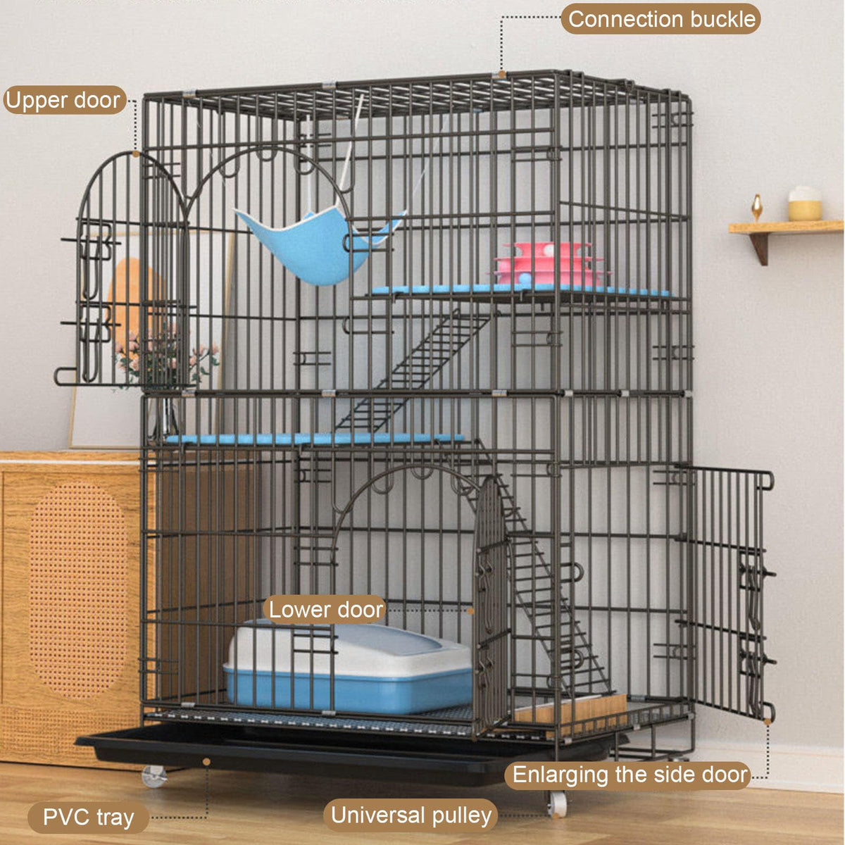 Collapsible Metal Wire Cat Cage with Wheels D845