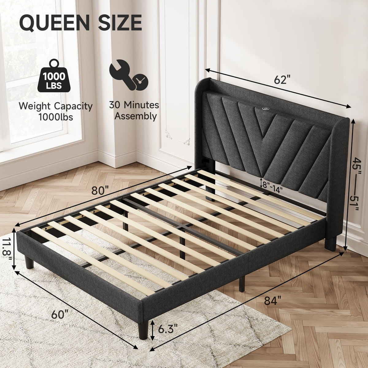 Queen Upholstered Platform Bed Frame with Storage Headboard V5115