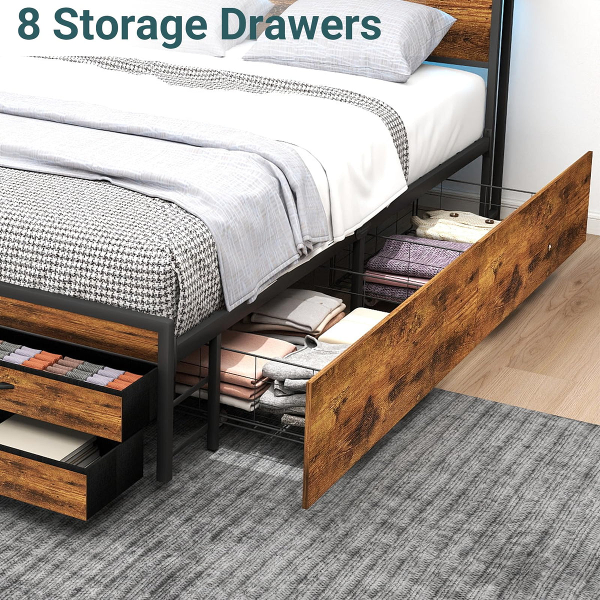 Queen Bed Frame with 8 Storage Drawers F789581
