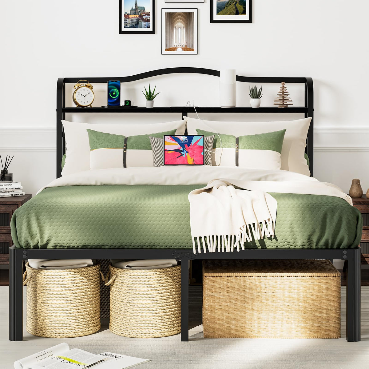 Queen 18 Inch Metal Platform Bed Frame with Headboard and Charging Station A649
