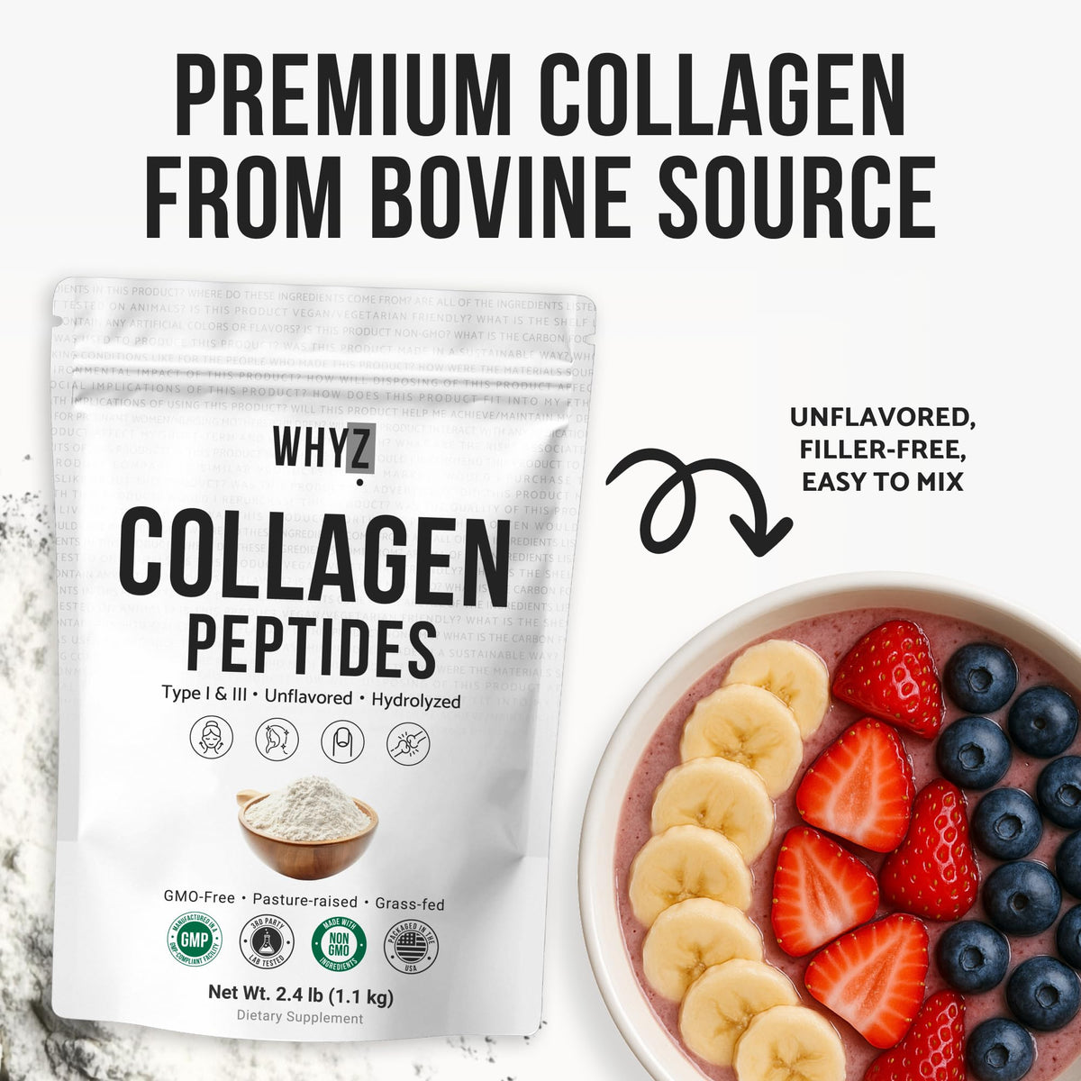 Bovine Collagen Peptides Powder, Hydrolyzed Type I & III, Grass-Fed Unflavored, 2.4lb Q33622