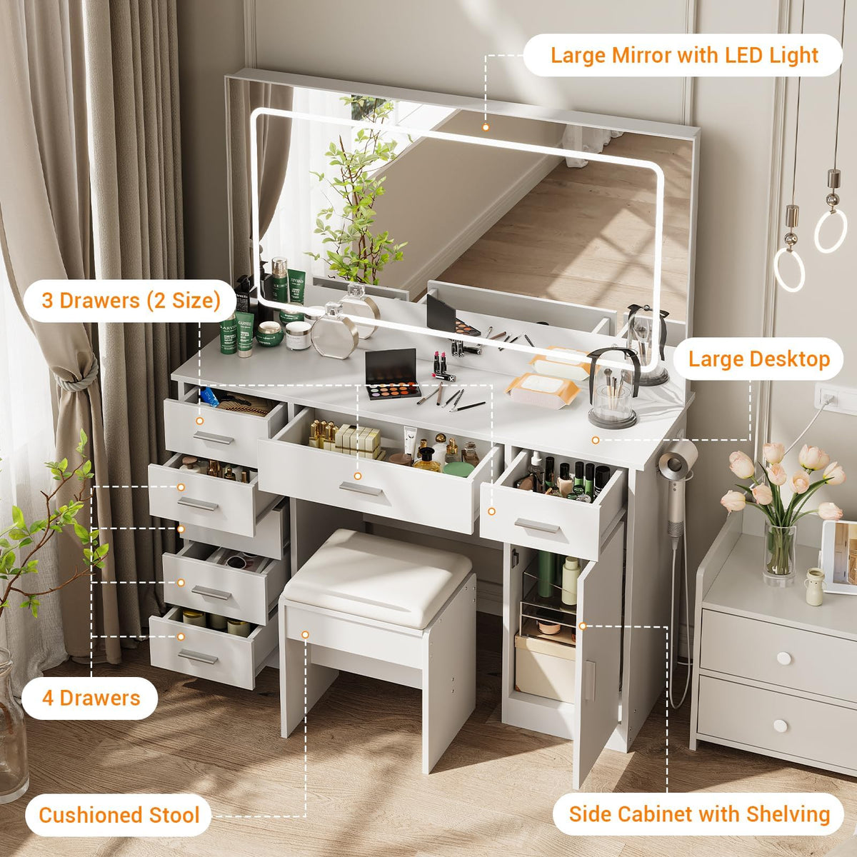 White 7 Drawer Vanity Desk with LED Mirror Z78973