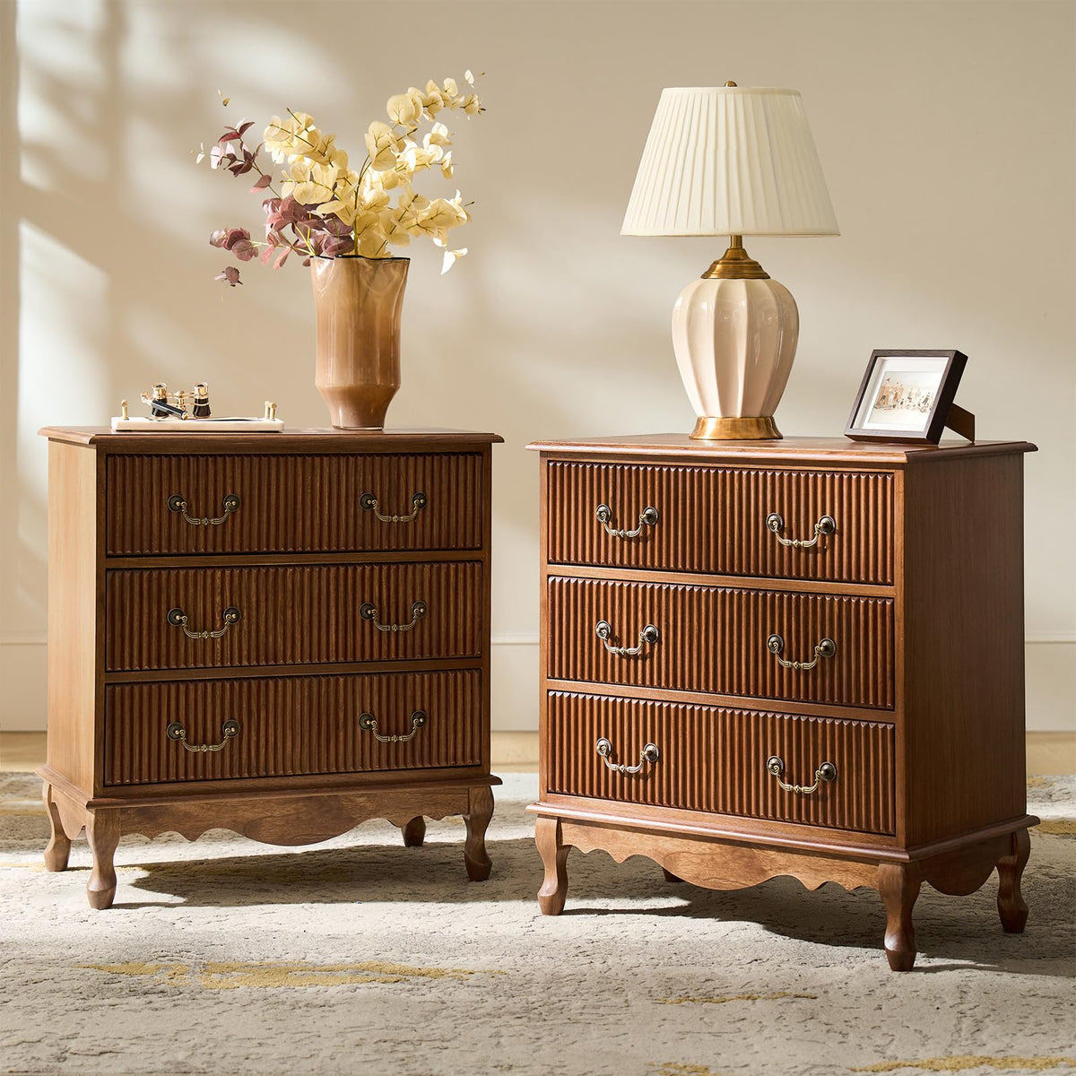 Set of 2 Wood Side Table with 3 Drawers and Charging Station D531134
