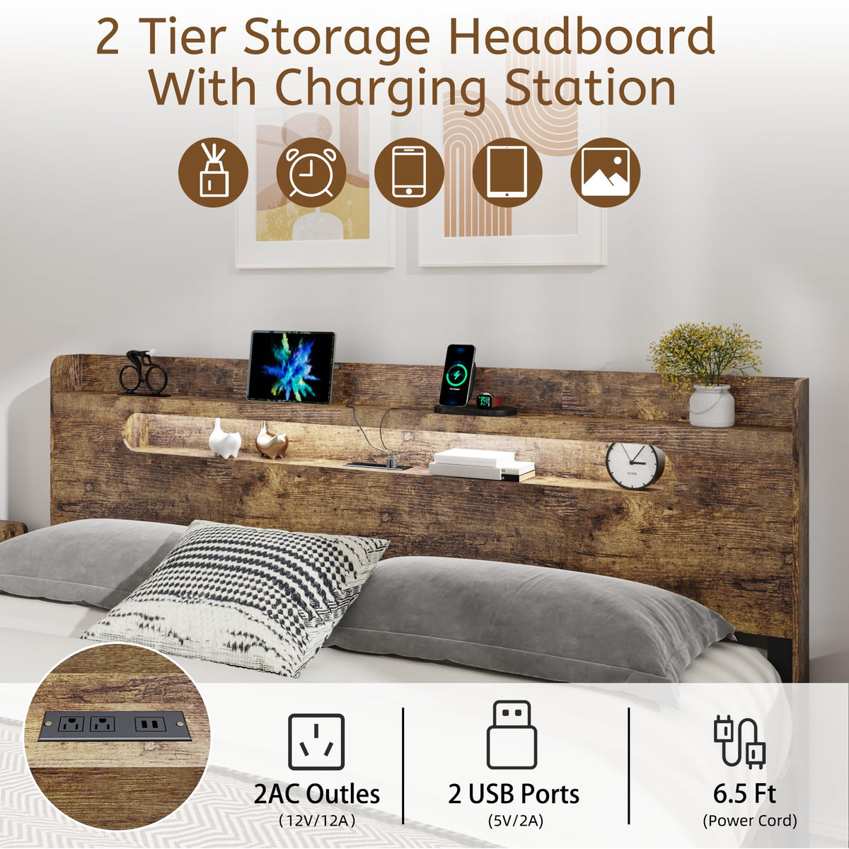 Queen Size Wood Bed Frame with Storage Headboard U113