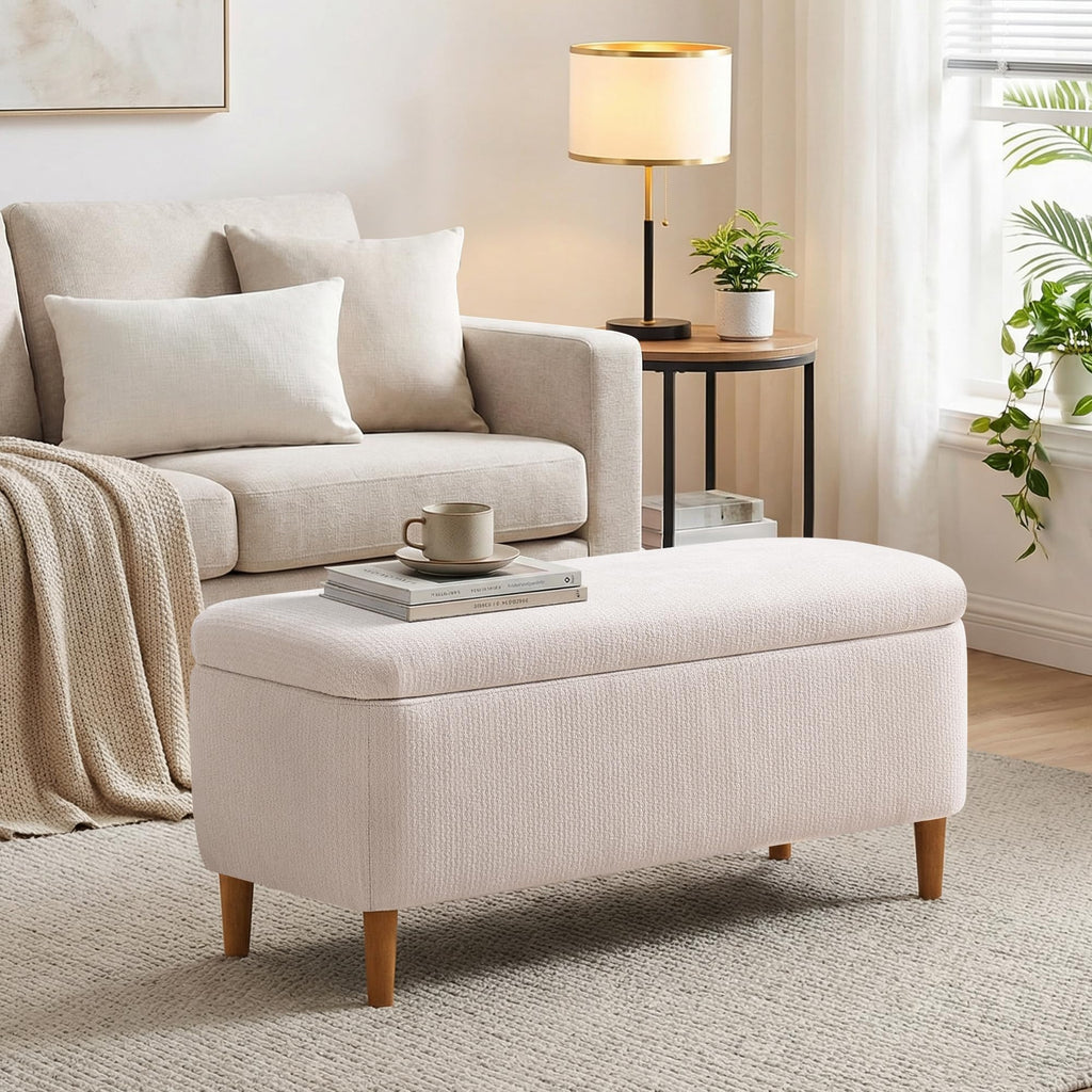 Beige Upholstered Storage Ottoman with Wooden Legs B69533
