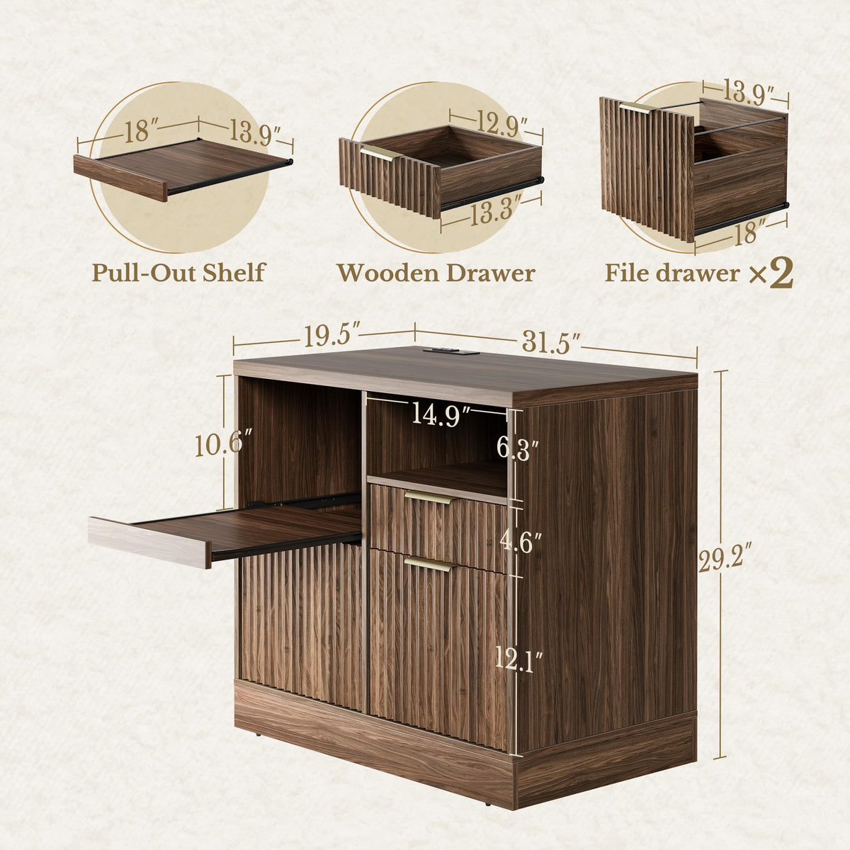 Black 3 Drawer Wood File Cabinet with Charging Station O9274