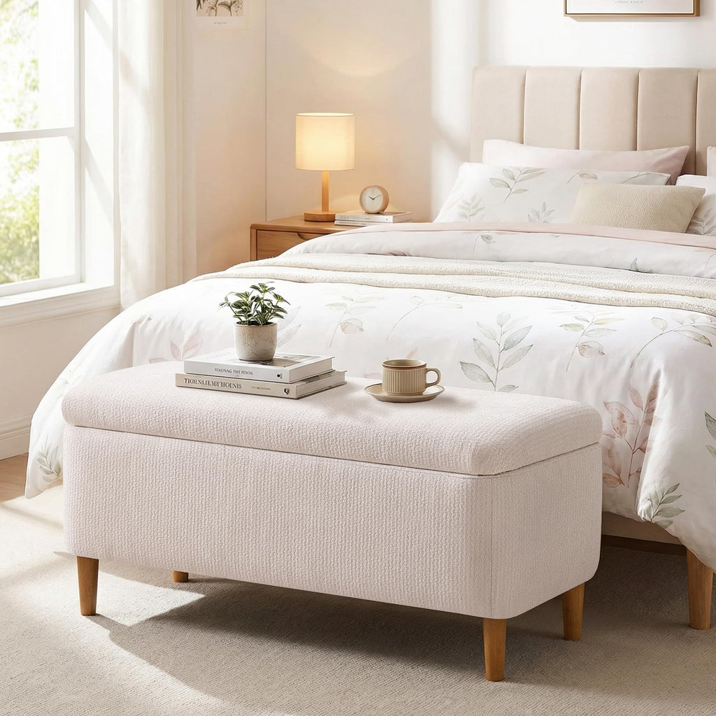 Beige Upholstered Storage Ottoman with Wooden Legs B69533