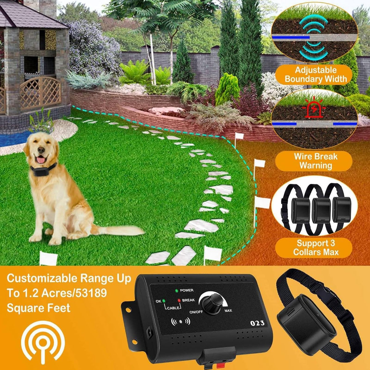 Electric Dog Fence, In-Ground Pet Containment System, Waterproof Training Collar N708117