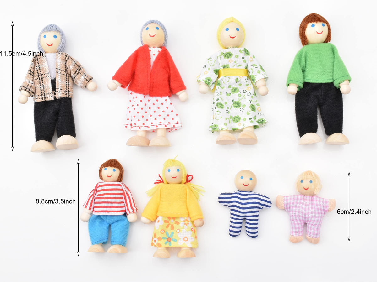Wooden Dollhouse Dolls Family Set of 8 Miniature Figures and 2 Pets Q73694
