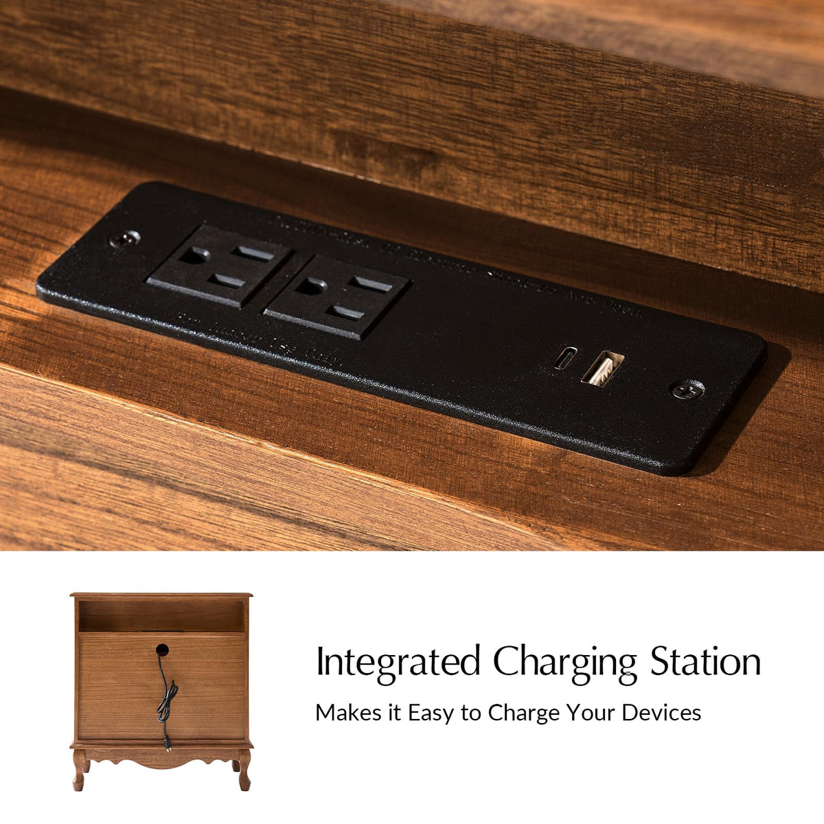 Set of 2 Wood Side Table with 3 Drawers and Charging Station D531134