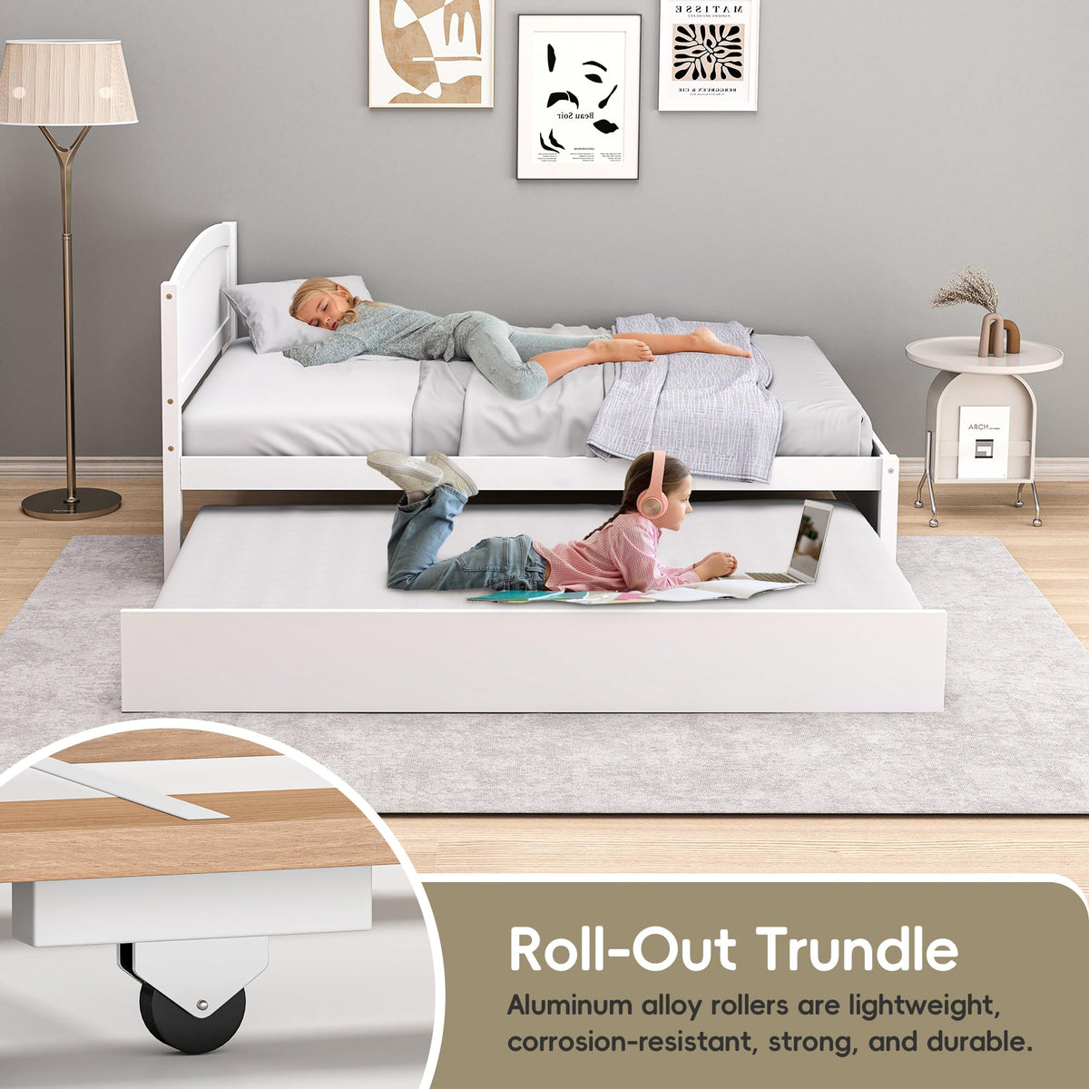 White Twin Trundle Bed with Headboard J4108