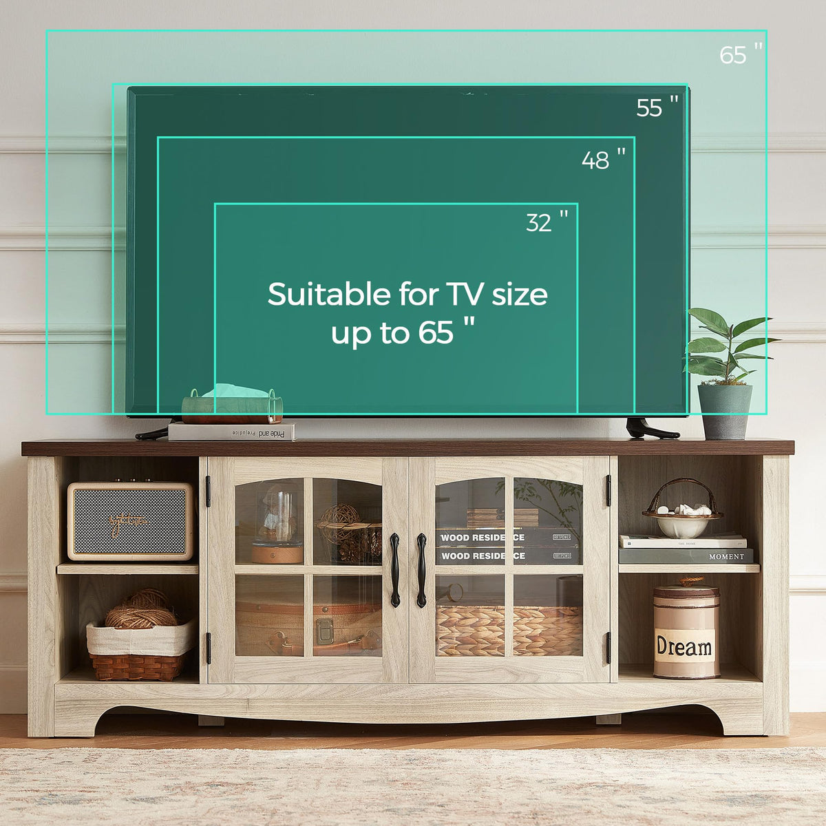 Farmhouse Wood TV Stand for 65 Inch TV with Glass Door Storage Cabinet Y5917