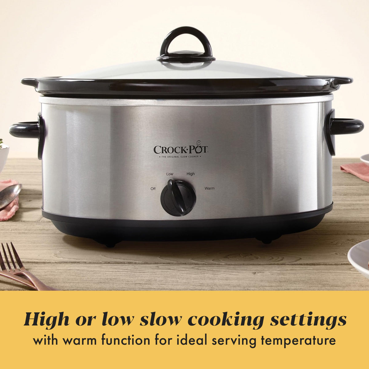 7-Quart Manual Slow Cooker, Family Size, Removable Stoneware, Dishwasher Safe, Stainless Steel D111