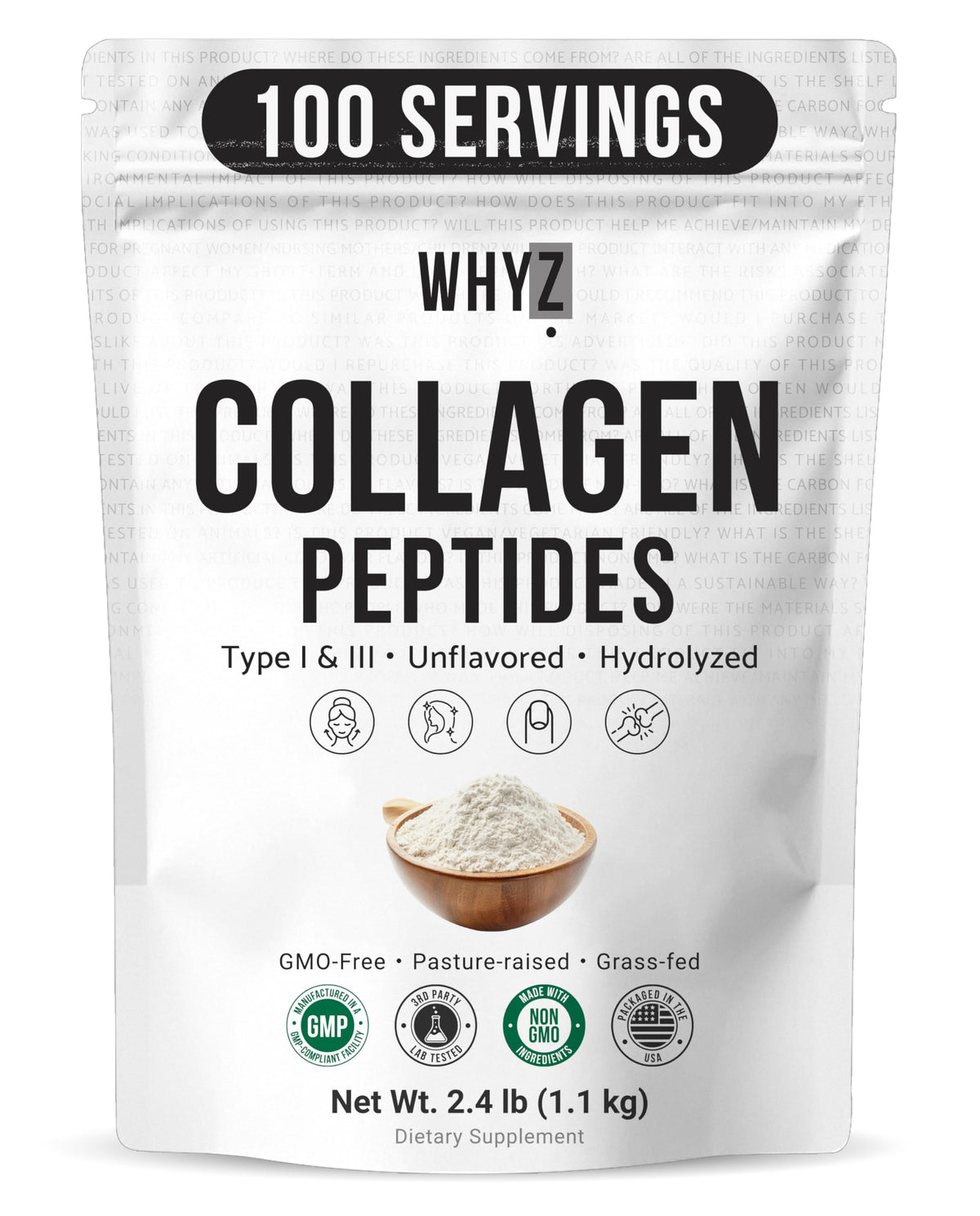 Bovine Collagen Peptides Powder, Hydrolyzed Type I & III, Grass-Fed Unflavored, 2.4lb Q33622