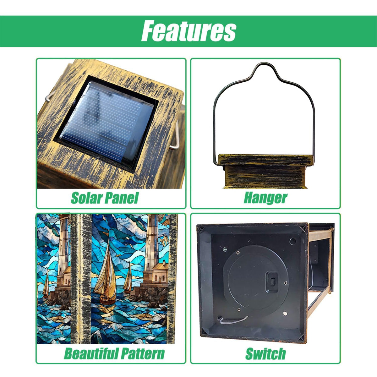 Solar Lantern Stained Glass Outdoor Waterproof Hanging Solar Light Z2304