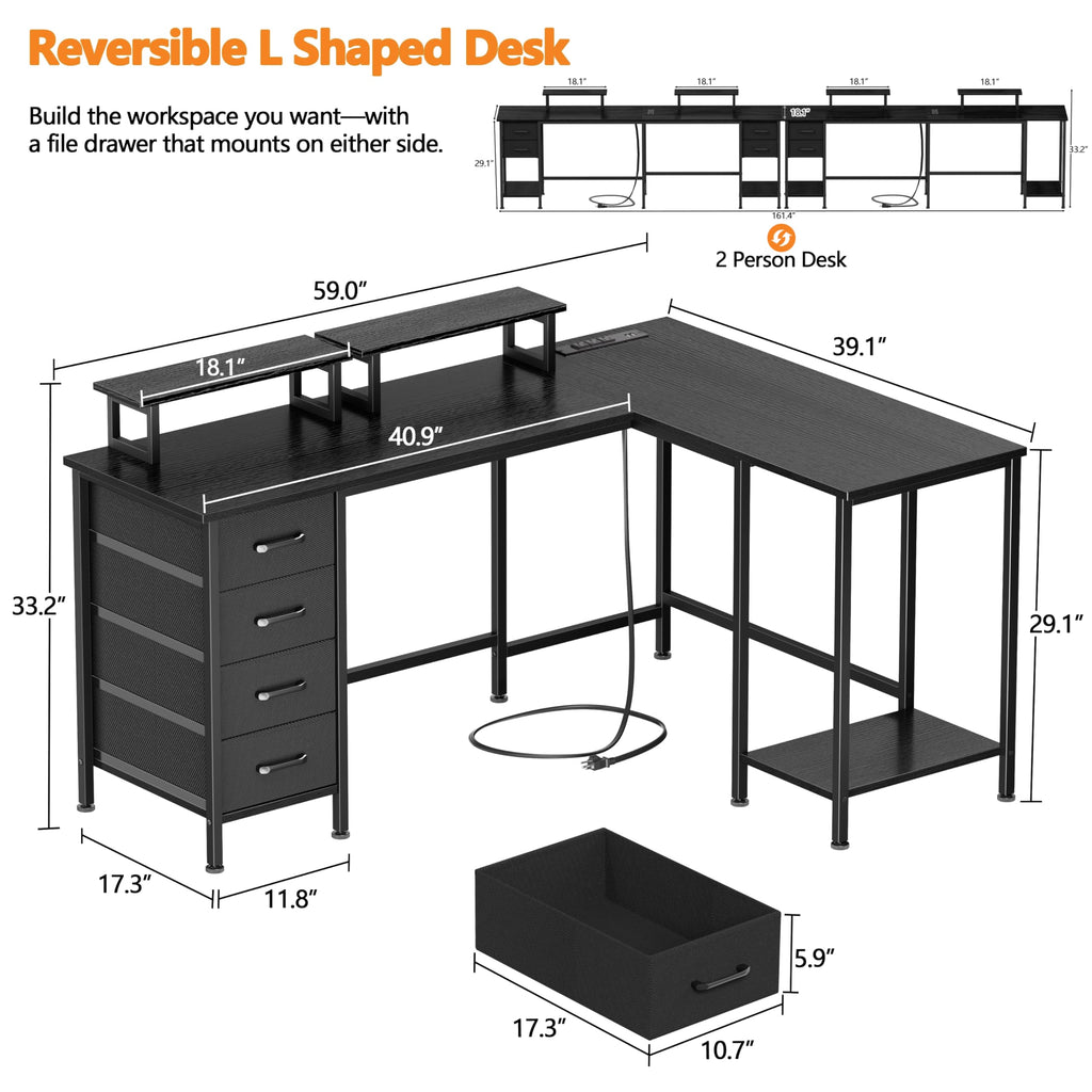 59 inch L Shaped Computer Desk with Power Outlets I87697