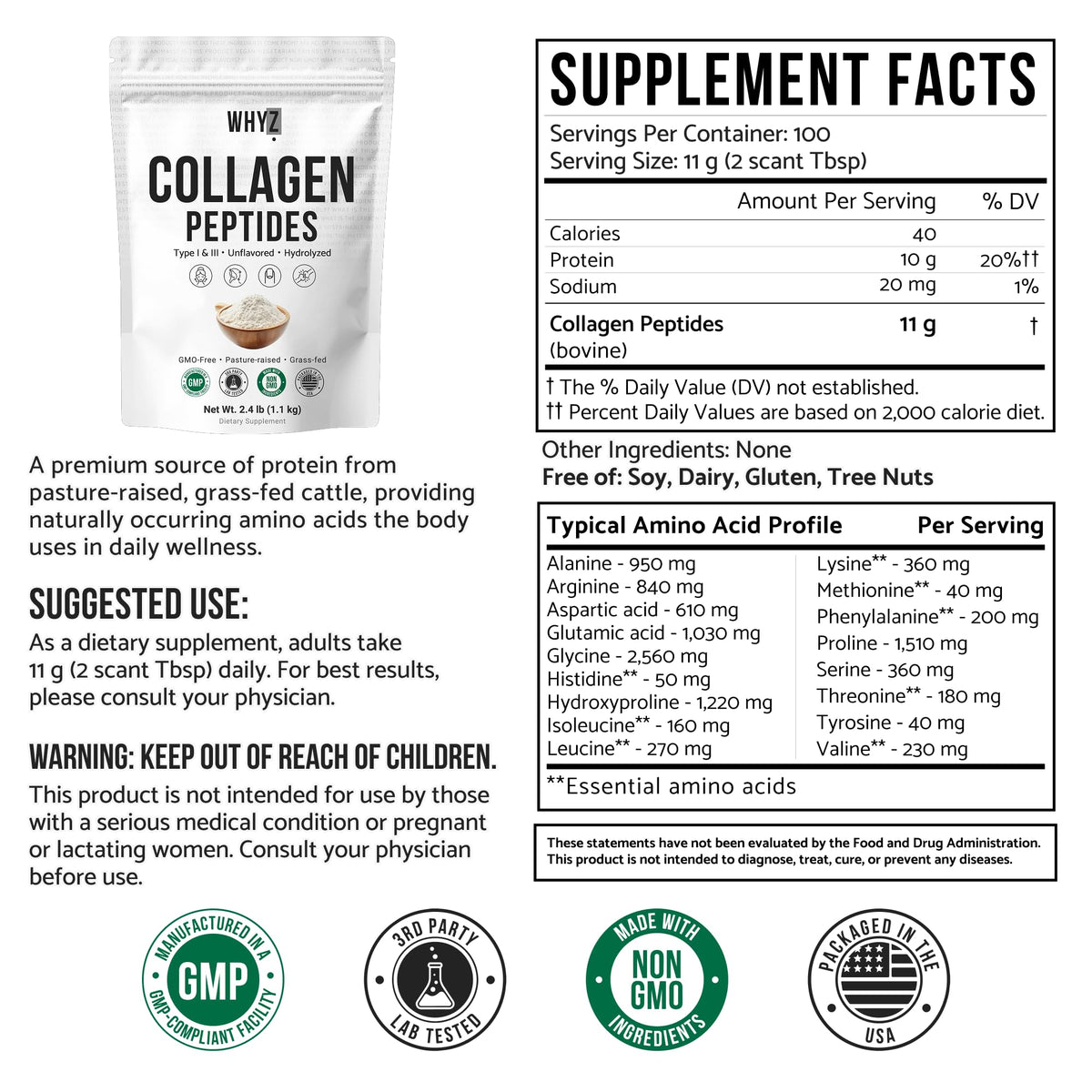 Bovine Collagen Peptides Powder, Hydrolyzed Type I & III, Grass-Fed Unflavored, 2.4lb Q33622