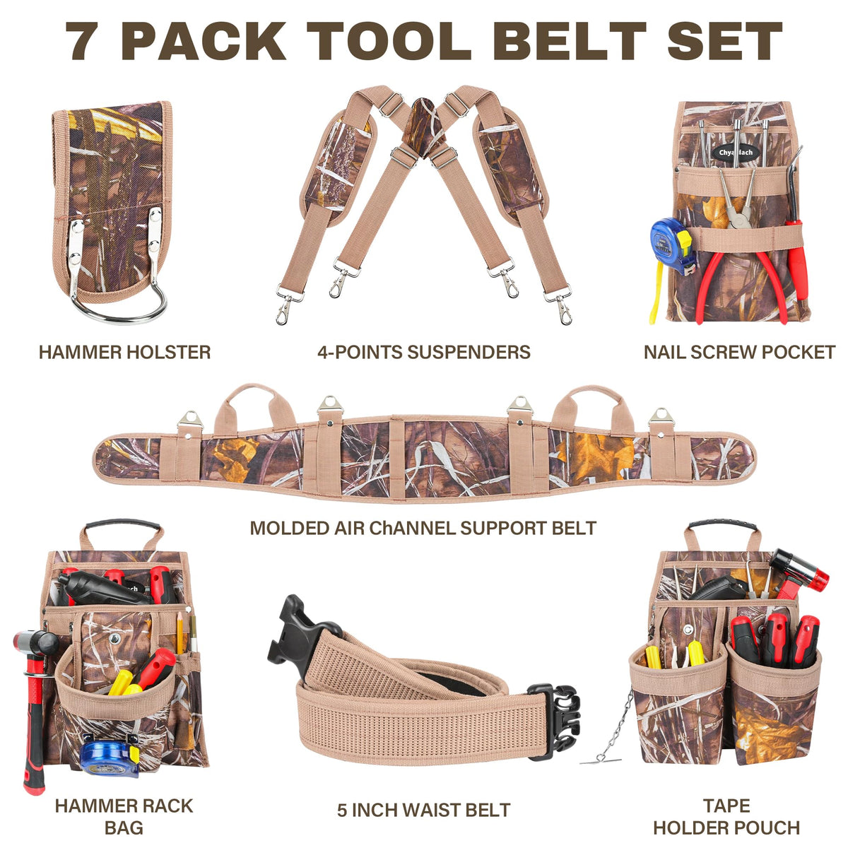 7-Piece Tool Belt Rig with 16 Pockets and Dual Hammer Loops Q51345