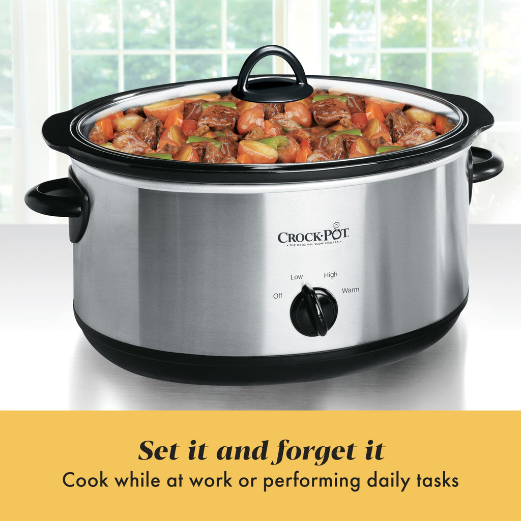 7-Quart Manual Slow Cooker, Family Size, Removable Stoneware, Dishwasher Safe, Stainless Steel D111