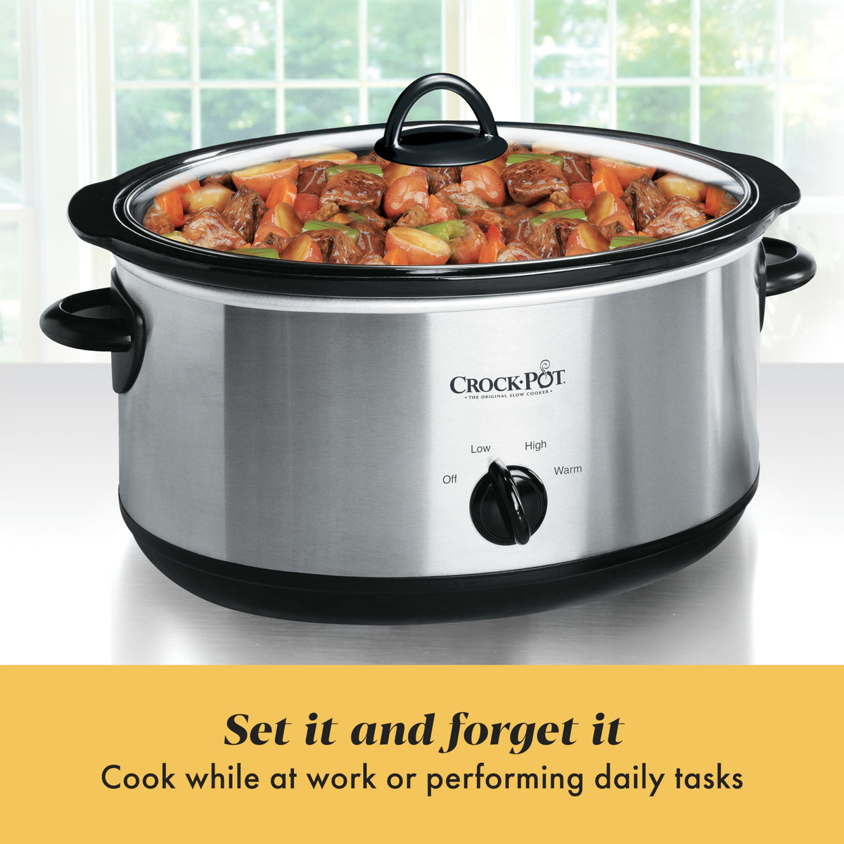 7-Quart Manual Slow Cooker, Family Size, Removable Stoneware, Dishwasher Safe, Stainless Steel D111