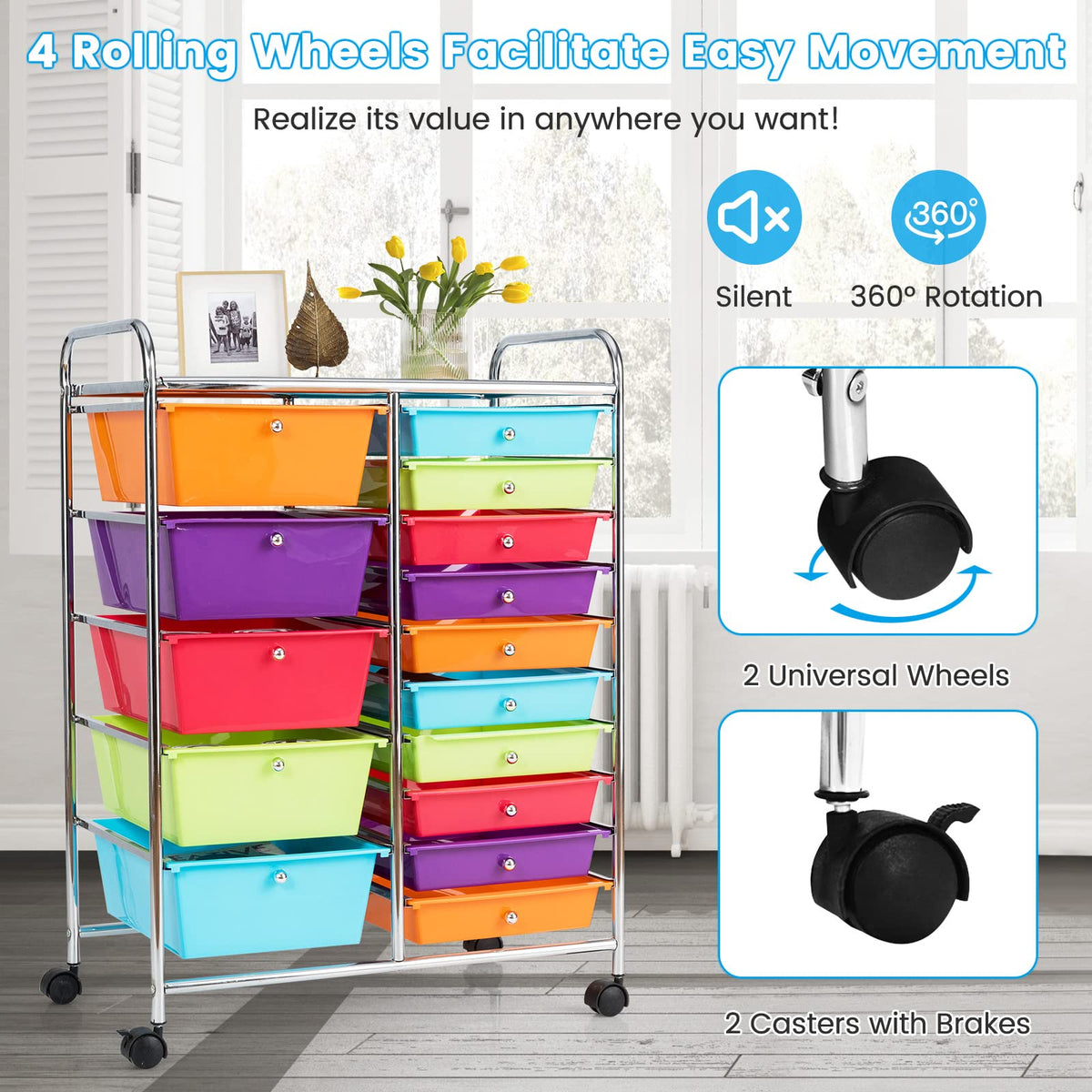 15 Drawer Rolling Cart with Lockable Wheels Q10635