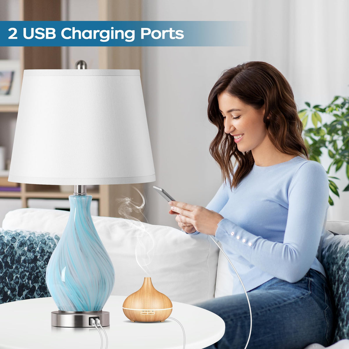 Set of 2 Touch Control Art Glass Table Lamp with USB Ports F31358