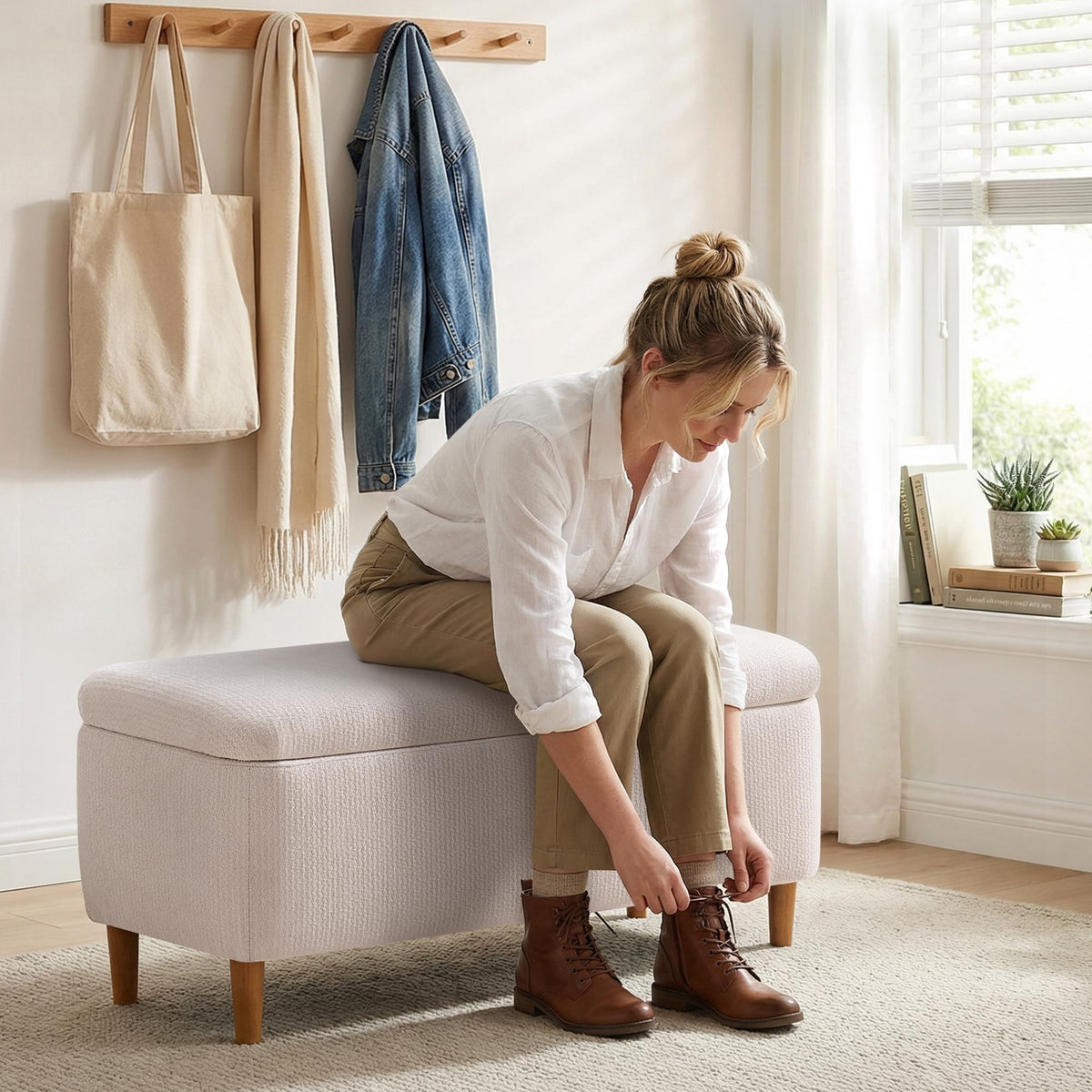 Beige Upholstered Storage Ottoman with Wooden Legs B69533