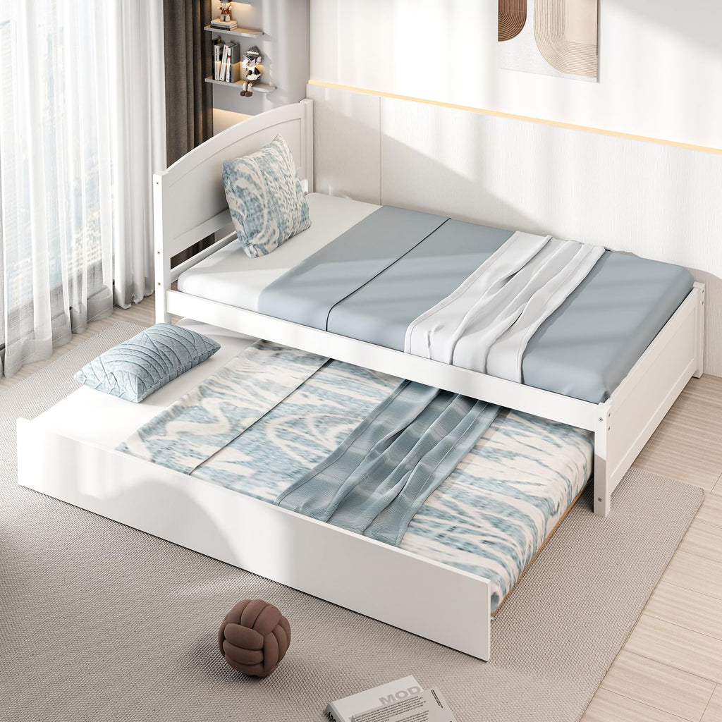 White Twin Trundle Bed with Headboard J4108