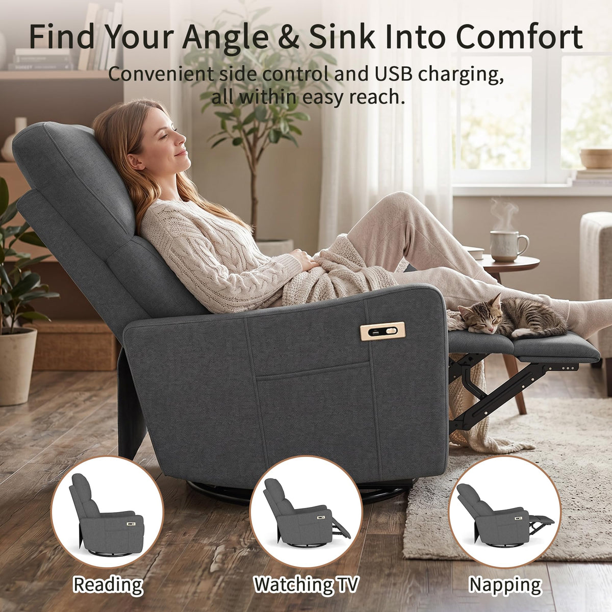 Dark Gray Velvet Swivel Recliner Chair K244