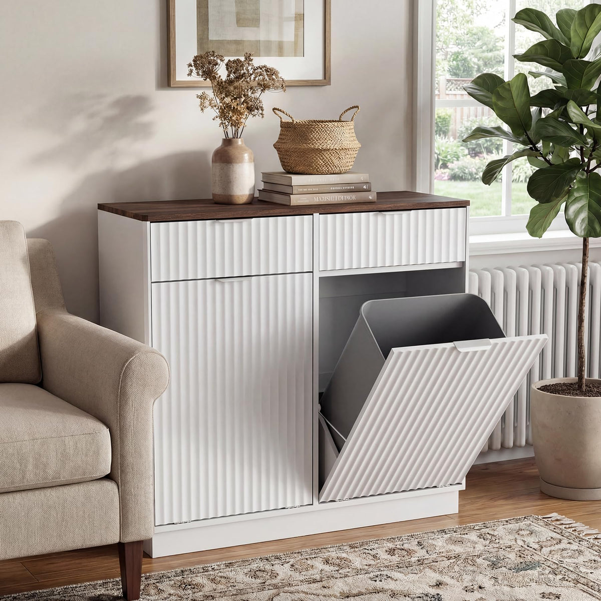 White Double Tilt Out Trash Can Cabinet F89072
