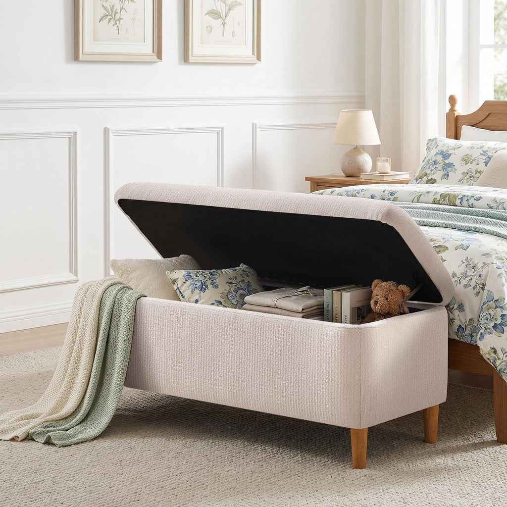 Beige Upholstered Storage Ottoman with Wooden Legs B69533