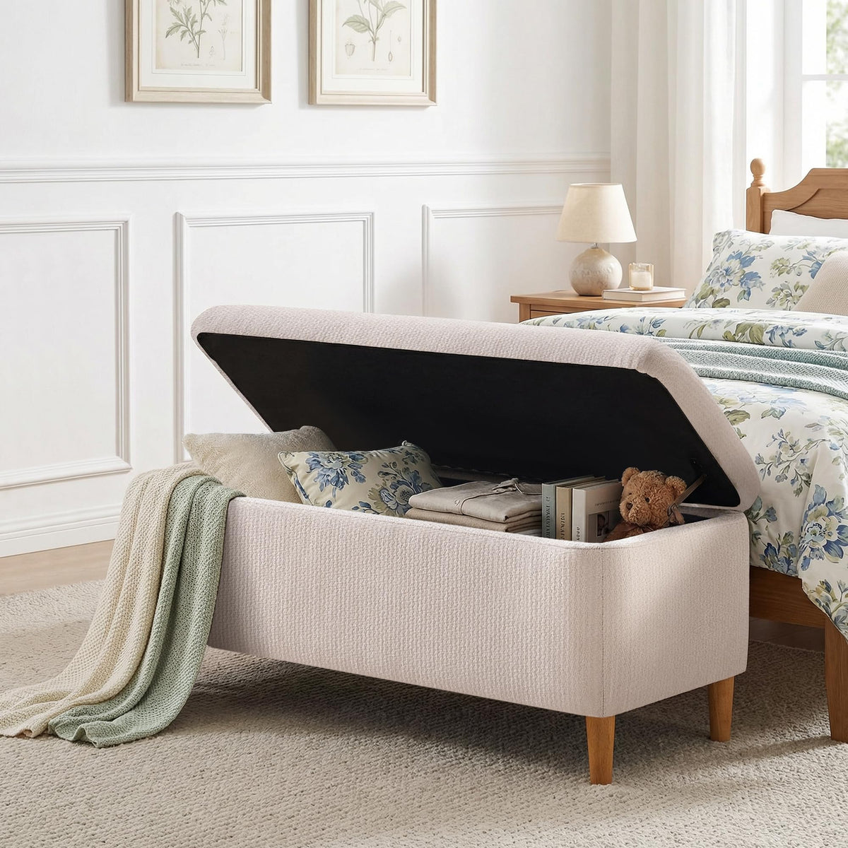 Beige Upholstered Storage Ottoman with Wooden Legs B69533
