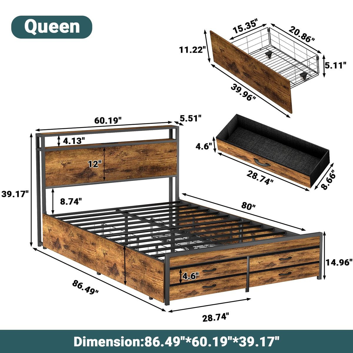 Queen Bed Frame with 8 Storage Drawers F789581