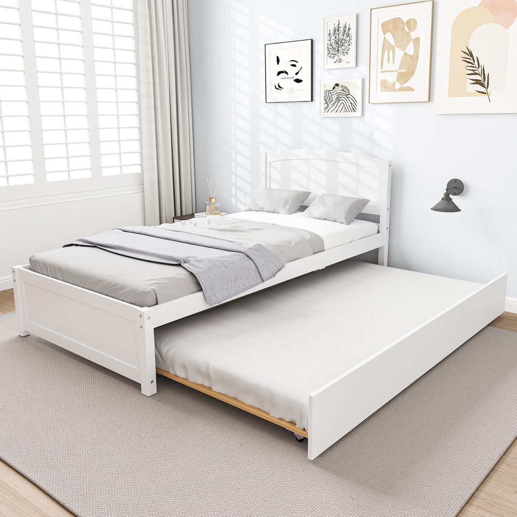 White Twin Trundle Bed with Headboard J4108