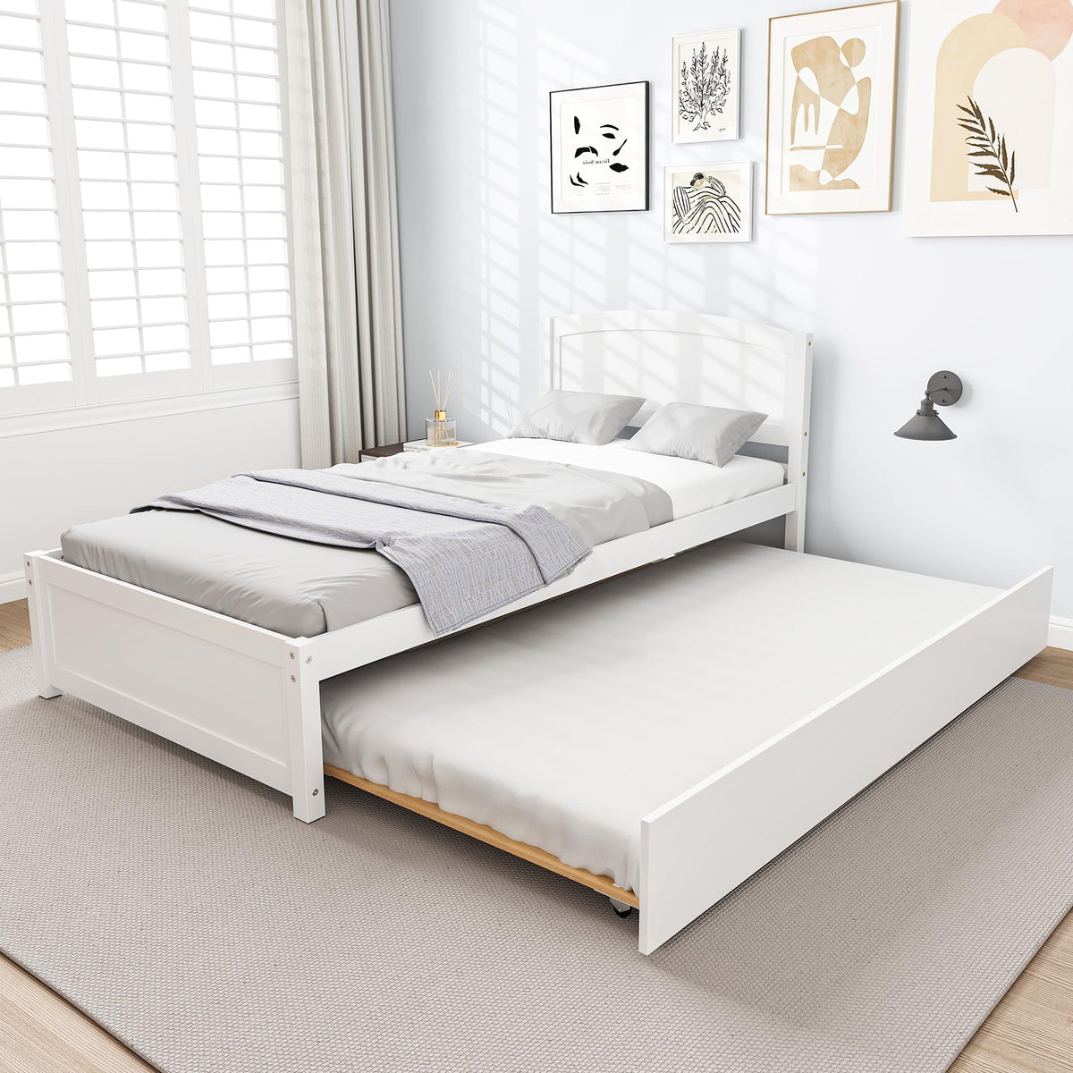 White Twin Trundle Bed with Headboard J4108