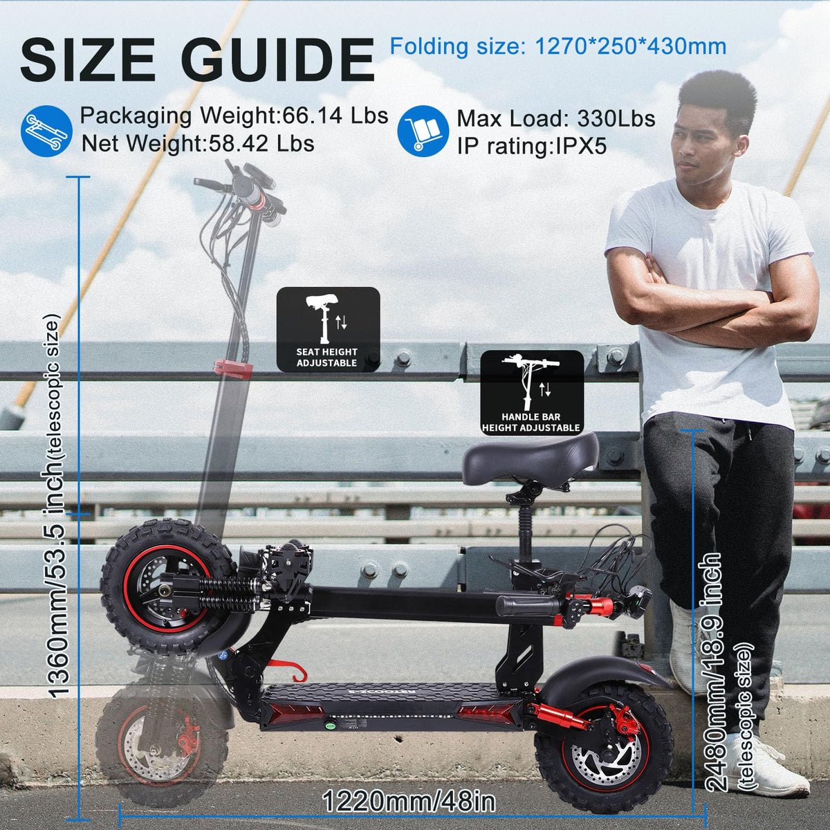 1200W 37 Mile Range 34MPH Foldable Electric Scooter with Seat Z278809