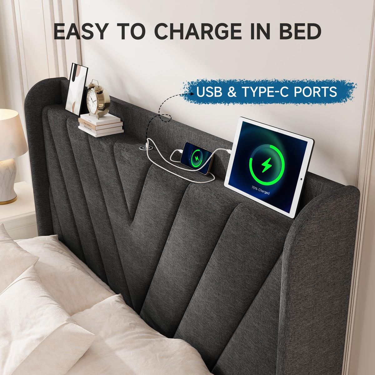 Queen Upholstered Platform Bed Frame with Storage Headboard V5115